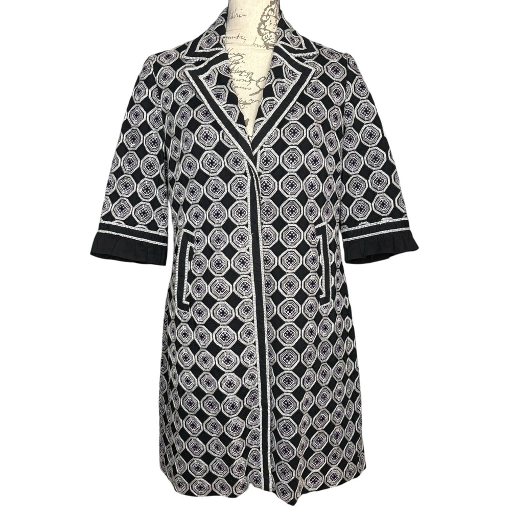 T Tahari calypso sweater jacket embroidered black white purple Geometric medium - Picture 2 of 8